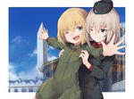  ;) ;d blonde_hair blue_eyes building cloud day fang garrison_cap girls_und_panzer hair_between_eyes hat hug hug_from_behind itsumi_erika jacket katyusha kuromorimine_military_uniform lifting_person long_sleeves military military_uniform multiple_girls one_eye_closed open_mouth outdoors outstretched_arms pravda_military_uniform roll_okashi short_hair sky smile spread_arms star uniform 