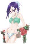  bikini blue_eyes blue_hair book braid dokidoki!_precure flower glasses half_updo highres hishikawa_rikka long_hair precure solo swimsuit tuqi_pix 