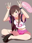  animal_print ankle_socks bangs breasts brown_background brown_eyes brown_hair bunny_print butterfly_sitting casual collarbone d.va_(overwatch) double_v facepaint facial_mark hands_up long_hair looking_at_viewer medium_breasts navel open_mouth overwatch pink_shorts shirt shoes short_sleeves shorts simple_background sitting smile solo sou_(sona99) speech_bubble v whisker_markings wristband 