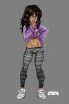  1girl andava black-framed_eyewear black_hair blue_eyes borrowed_character crop_top dark_skin ester_figueroa eyebrows full_body grey_background groin hair_down highres leggings long_hair lowleg messy_hair navel original shoes smile sneakers solo thick_eyebrows 