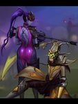  2boys ass back_cutout bodysuit gy_(artist) head_mounted_display highres jax_(league_of_legends) league_of_legends master_yi multiple_boys overwatch pink_bodysuit purple_skin trait_connection widowmaker_(overwatch) 