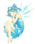  aimai-me bad_id bad_twitter_id bangs bare_arms barefoot blue_dress blue_eyes blue_hair bow cirno closed_mouth dress expressionless eyebrows eyebrows_visible_through_hair frills from_side full_body hair_bow hand_in_hair hand_up ice ice_wings knees_up leg_hug looking_at_viewer petticoat short_hair simple_background sleeveless sleeveless_dress solo touhou white_background wings 