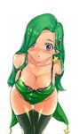  arms_behind_back bad_id bad_pixiv_id black_legwear blue_eyes blush breasts cameltoe cleavage collarbone covered_nipples cv1115 detached_sleeves earrings final_fantasy final_fantasy_iv green_hair green_leotard hair_ornament highres jewelry large_breasts leaning_forward leotard long_hair rydia solo thigh_gap thighhighs 