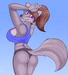  big_breasts breasts brown_hair butt canine chloe_shiwulf clothing female hair invalid_tag looking_at_viewer looking_back mammal purple_eyes smile tattoo wolf zp92 