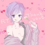  1boy bags_under_eyes cake cherry_dot collarbone diabolik_lovers food fork heart hickey licking_lips looking_at_viewer loose_clothes male_focus pink_background purple_eyes purple_hair sakamaki_kanato simple_background solo sweater sweets tongue tongue_out unbuttoned upper_body 