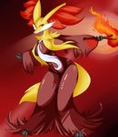  action_pose anthro big_breasts breasts canine delphox female fire fluffy fluffy_chest fluffy_ears fox frown inner_ear_fluff looking_at_viewer mammal nintendo nipple_bulge nude orange_eyes pok&eacute;mon solo stormclad twig video_games 