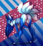  2016 anthro ass_up bent_over big_breasts bikini blue_background blue_eyes blue_fur blue_hair bra breasts butt canine clothed clothing english_text female fox fur hair hi_res long_hair looking_at_viewer mammal multi_tail open_mouth raised_tail red_background red_sclera signature simple_background solo sorafoxyteils spots swimsuit text tongue underwear white_background white_fur 