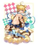  2015 :3 ^_^ absurdres andira_(granblue_fantasy) antenna_hair blonde_hair blue_bow blue_ribbon blue_shorts blush bow breasts chushengdao closed_eyes cloud dated erune full_body granblue_fantasy groin hair_bow highres knees_together_feet_apart leg_grab monkey monkey_tail navel nipples no_shoes number open_mouth red_eyes ribbon shorts signature sleeves_past_wrists small_breasts striped striped_legwear tail thighhighs two_side_up white_background 