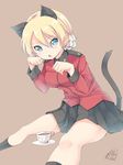  :o amai_nekuta animal_ears bangs black_legwear black_skirt blonde_hair blue_eyes blush braid breasts brown_background cat_ears cat_tail cup darjeeling eyebrows eyebrows_visible_through_hair eyelashes girls_und_panzer hair_between_eyes invisible_chair jacket kemonomimi_mode kneehighs long_sleeves looking_at_viewer medium_breasts military military_uniform miniskirt open_mouth paw_pose plate pleated_skirt red_jacket saucer signature simple_background sitting skirt solo st._gloriana's_military_uniform tail teacup uniform 