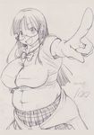  :d big_belly bow bowtie breasts buttons clothes_around_waist collared_shirt fat foreshortening glasses kobayakawa_horan large_breasts long_hair looking_at_viewer monochrome muffin_top nekokami open_mouth original pointing pointing_at_viewer round_teeth shirt short_sleeves skirt smile solo sweater_around_waist teeth very_long_hair 
