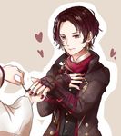  1boy androgynous black_hair coat hand_on_own_chest heart japanese_clothes kashuu_kiyomitsu looking_at_another mayu_syulv mole mole_under_mouth nail_polish painting red_eyes red_nails saniwa_(touken_ranbu) scarf simple_background smile solo_focus touken_ranbu traditional_clothes upper_body 