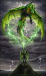  anthro armor dragon flying green_scales open_mouth overcast scales sidonie standing tagme teeth thunder tongue wings 