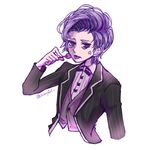  1boy alternate_hairstyle anger_vein bowtie cherry_dot diabolik_lovers formal half-closed_eyes jacket lollipop looking_at_viewer male_focus purple_eyes purple_hair sakamaki_kanato simple_background solo sweets tongue tongue_out upper_body white_background 