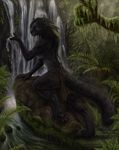  anthro bare_back bare_shoulders black_fur black_hair black_panther braided_hair breasts day detailed_background feathers feline female fur hair mammal outside panther side_boob sidonie solo spots sunlight waterfall white_eyes wide_hips 