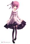  absurdres black_legwear black_ribbon collarbone dress full_body hair_ribbon highres looking_at_viewer minato_tomoka one_side_up open_mouth pink_hair purple_eyes ribbon rou-kyuu-bu! short_hair simple_background skirt_hold solo thighhighs tinker_bell white_background 