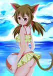  absurdres animal_ears ass bikini brown_hair cat_ears collarbone frilled_bikini frills hair_ribbon highres long_hair red_eyes red_ribbon ribbon short_twintails silica silica_(sao-alo) simple_background solo swimsuit sword_art_online sword_art_online:_code_register tail twintails 