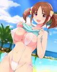  :d bare_arms bare_shoulders blue_shirt blue_sky breasts brown_eyes brown_hair cameltoe cloud collarbone covered_nipples day eyebrows eyebrows_visible_through_hair glint groin hair_ornament hair_scrunchie heart heart_necklace horizon idolmaster idolmaster_cinderella_girls jewelry large_breasts lillithlauda looking_at_viewer navel nipples ocean one-piece_swimsuit open_mouth palm_tree pendant plant pool puffy_nipples ribbon scrunchie see-through shirt short_hair sky sleeveless slingshot_swimsuit smile solo stomach summer swimsuit tank_top tareme totoki_airi tree undressing white_ribbon white_swimsuit 