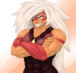  abs alien bloodcifer breasts cartoon_network clenched_teeth female gem_(species) grin hair jasper_(steven_universe) muscular muscular_female not_furry simple_background solo steven_universe teeth white_hair yellow_eyes 