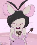  apron black_hair breasts brown_fur candy chocolate clothing dashboom eyes_closed female food fur hair holidays mammal michelle_(dashboom) mouse nude rodent simple_background solo valentine&#039;s_day 