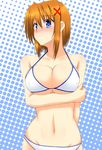  bare_shoulders bikini blue_eyes blush breasts brown_hair cleavage collarbone covered_nipples groin hair_ornament highres holding_arm large_breasts lask lyrical_nanoha mahou_shoujo_lyrical_nanoha_strikers midriff navel shiny shiny_hair short_hair solo string_bikini sweatdrop swimsuit underboob white_bikini x_hair_ornament yagami_hayate 