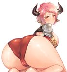  :&lt; all_fours animal_ears animal_print ass bare_legs bent_over blush breasts buruma cameltoe cleavage closed_mouth cow_ears cow_horns draph earrings eno_yukimi from_behind frown granblue_fantasy horns jewelry large_breasts leopard_print looking_at_viewer pink_hair red_buruma red_eyes short_hair shoulder_armor simple_background solo spaulders sturm_(granblue_fantasy) thighs v-shaped_eyebrows 