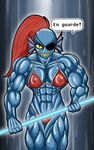  abs biceps bikini breasts clothed clothing eye_patch eyewear female fin fish hair marine melee_weapon muscular navel polearm red_hair skimpy smile solo spear speech_bubble swimsuit teeth undertale undyne video_games weapon 