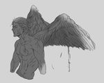  1boy devil_may_cry_3 dripping eyes_closed feathers flat_color grey_background male_focus mineco000 monochrome muscle parted_lips profile shirtless simple_background solo upper_body vergil wings 