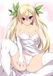  ass blonde_hair breast_hold breasts cameltoe cleavage dress elbow_gloves flower gloves hair_flower hair_ornament hairclip heart heart-shaped_pupils highres kinoshita_ichi large_breasts long_hair looking_at_viewer original panties purple_eyes smile solo spread_legs strapless strapless_dress symbol-shaped_pupils thighhighs twintails underwear white_panties 