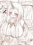  bare_shoulders blush breasts brown commentary_request covered_nipples detached_sleeves dress ginzake_(mizuumi) heavy_breathing horn kantai_collection large_breasts long_hair long_sleeves monochrome nose_blush parted_lips red_eyes ribbed_dress seaport_hime sexually_suggestive shinkaisei-kan short_dress sideboob solo spot_color sweat sweater sweater_dress thighhighs translation_request trembling very_long_hair white_dress 
