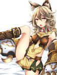  :o animal_ears belt blush boots brown_footwear center_opening chestnut_mouth choker claws collar erune gauntlets gloves granblue_fantasy green_skirt grey_hair healther hip_vent knee_boots leaning_back leg_up looking_at_viewer miniskirt open_mouth pleated_skirt round_teeth sen_(granblue_fantasy) simple_background skindentation skirt solo teeth thighs white_background yellow_eyes 