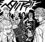  black_sclera formaggio formal ghiaccio glasses gloves greyscale hat illuso jewelry jojo_no_kimyou_na_bouken long_hair maiko_(setllon) male_focus mask melone monochrome multiple_boys necklace pants pesci prosciutto risotto_nero striped striped_pants suit 