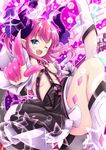  breasts elizabeth_bathory_(fate) elizabeth_bathory_(fate)_(all) fang fate/extra fate/extra_ccc fate_(series) horns kangakuraku12 leg_lift long_hair looking_at_viewer one_eye_closed pink_hair pointy_ears small_breasts smile solo thighs 