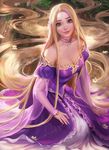  1girl adapted_costume blonde_hair breasts cleavage disney dress hair_flower looking_at_viewer purple_dress rapunzel_(disney) sakimichan see-through smile solo tangled very_long_hair 