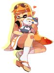  ;p bangs bike_shorts black_shirt black_shorts blunt_bangs cosplay domino_mask dress eyewear_on_head heart holding ikamusume ikamusume_(cosplay) inkling jajji-kun_(splatoon) layered_clothing layered_dress long_hair looking_at_viewer mask one_eye_closed orange_hair pointy_ears sandals shinryaku!_ikamusume shirt short_sleeves shorts shorts_under_dress sitting sleeveless sleeveless_dress solo splatoon_(series) splatoon_1 stuffed_animal stuffed_cat stuffed_toy sunglasses tabi tentacle_hair tongue tongue_out wahootarou white_background white_dress white_legwear 