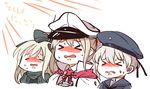  &gt;_&lt; blonde_hair blush capelet closed_eyes commentary cropped_jacket dress garrison_cap graf_zeppelin_(kantai_collection) hair_between_eyes hat kantai_collection light_rays long_hair long_sleeves military military_hat military_uniform multiple_girls neckerchief necktie nose_blush peaked_cap puffy_long_sleeves puffy_sleeves radio_antenna sailor_collar sailor_dress sailor_hat short_hair sidelocks silver_hair simple_background sunlight sweatdrop takatsuki_nato translated twintails u-511_(kantai_collection) uniform upper_body z1_leberecht_maass_(kantai_collection) 