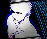 1boy black_background closed_mouth collarbone devil_may_cry_3 flat_color lineart looking_at_viewer male_focus mineco000 necklace red_eyes serious shirtless simple_background solo upper_body vergil white_hair 