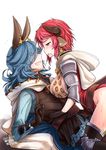  1girl animal_ears bad_id bad_pixiv_id blue_hair breasts cow_ears cow_horns dated drang_(granblue_fantasy) draph erune gloves granblue_fantasy horns large_breasts long_hair red_hair shigemiya_kyouhei short_hair simple_background straddling sturm_(granblue_fantasy) white_background 