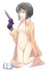  1girl areolae artist_request black_eyes black_hair breasts gloves kino kino_no_tabi kneeling licking milk nipples nude open_clothes open_mouth pistol revolver short_hair simple_background small_breasts solo suggestive_fluid tongue tongue_out trenchcoat trigger_discipline 