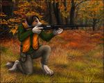  5_fingers anthro canine clothing detailed_background dog fur grass gun kneeling male mammal outside ranged_weapon sidonie solo tree weapon 