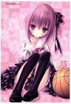  absurdres basketball black_legwear black_ribbon checkered checkered_background collarbone hair_ribbon highres long_hair looking_at_viewer minato_tomoka one_side_up purple_eyes purple_hair ribbon rou-kyuu-bu! smile solo thighhighs tinker_bell 