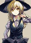  akanagi_youto blonde_hair bow braid collared_shirt flat_chest grey_background hair_bow hat hat_bow juliet_sleeves kirisame_marisa long_hair long_sleeves looking_at_viewer puffy_sleeves shirt side_braid smile solo touhou vest witch_hat yellow_eyes 