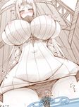  black_panties blush breasts brown commentary_request covered_face covered_mouth covered_nipples dress from_below ginzake_(mizuumi) horn huge_breasts kantai_collection long_hair long_sleeves looking_at_viewer masturbation monochrome nose_blush panties red_eyes ribbed_dress seaport_hime shinkaisei-kan short_dress solo spot_color sweat trembling underwear very_long_hair white_dress 