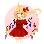  ahoge alternate_costume arms_behind_back bad_id bad_pixiv_id blonde_hair circle crystal flandre_scarlet floating_hair frilled_skirt frills gotoh510 hair_between_eyes heart highres looking_at_viewer miniskirt neckerchief pink_background pointy_ears puffy_short_sleeves puffy_sleeves red_eyes red_shirt red_skirt sailor_collar shirt short_hair short_sleeves side_ponytail skirt skirt_set solo touhou vampire wings 