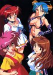  akira_(viper) aqua_eyes asuka_(viper) black_background blue_hair boots breasts brown_eyes brown_hair carrera choker cyomi demon_horns elbow_gloves gloves hands_on_hips highres horns large_breasts long_hair looking_at_viewer multiple_girls navel official_art pink_hair pointy_ears red_eyes red_hair shiny shiny_clothes short_hair short_sleeves simple_background skirt smile thigh_boots thighhighs viper 