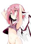  adapted_costume ahoge animal_ears armpits arms_behind_head arms_up bird_wings blush feathered_wings from_below kuroneko_no_toorimichi looking_away mystia_lorelei navel no_panties out-of-frame_censoring pink_eyes pink_hair shirt short_hair simple_background sketch sleeveless smile solo touhou upper_body white_background wings 