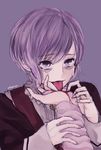  1boy 1girl bags_under_eyes blood cherry_dot collared_shirt crying diabolik_lovers fangs frills komori_yui licking loose_clothes out_of_frame purple_background purple_eyes purple_hair sakamaki_kanato school_uniform sharp_nails simple_background smile solo_focus tears tongue tongue_out uniform upper_body vampire 