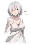  alternate_costume bangs blue_eyes blush breasts collarbone hair_ornament hair_over_one_eye hairclip hamakaze_(kantai_collection) hand_on_own_chest highres kantai_collection large_breasts long_sleeves looking_at_viewer miyabino_(miyabi1616) open_mouth short_hair silver_hair simple_background solo sweat upper_body white_background 