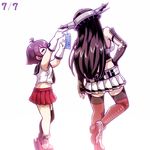  ahoge arms_up black_hair commentary_request dated elbow_gloves fingerless_gloves from_behind gloves hand_on_hip headgear kantai_collection long_hair multiple_girls nagato_(kantai_collection) pleated_skirt purple_hair sakawa_(kantai_collection) school_uniform serafuku short_hair simple_background single_thighhigh skirt standing standing_on_one_leg tanabata tanaka_kusao tanzaku thighhighs translated white_background 