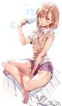 bangs bare_arms bare_legs barefoot between_legs blush breasts brown_eyes brown_hair clothes_on_floor collared_shirt dsmile eyebrows eyebrows_visible_through_hair food full_body hand_between_legs holding holding_food ice_cream indian_style loose_socks medium_breasts misaka_mikoto purple_shorts shadow shirt short_hair short_sleeves shorts simple_background sitting sleeves_rolled_up socks socks_removed solo sweat sweater_vest to_aru_kagaku_no_railgun to_aru_majutsu_no_index tongue tongue_out white_background white_shirt 