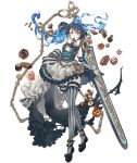  1girl alice_(sinoalice) anklet apron bare_shoulders blue_hair candy checkered_ribbon chocolate choker elbow_gloves eyebrows_visible_through_hair food frilled_skirt frills full_body gloves hair_ribbon jewelry ji_no mary_janes official_art pocket_watch red_eyes ribbon shoes short_hair sinoalice skirt solo striped striped_legwear sword thighhighs transparent_background watch weapon 